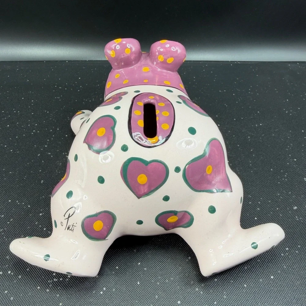 Ganz Bella Casa Ceramic Frog Piggy Bank Hand Painted Hearts Polka Dots Pink